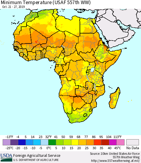 Africa Mean Minimum Temperature (USAF 557th WW) Thematic Map For 10/21/2019 - 10/27/2019