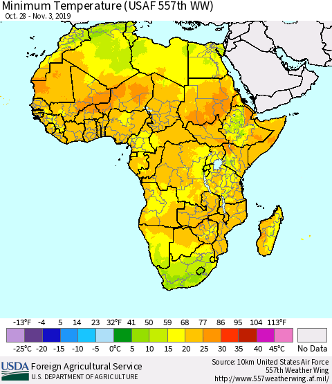 Africa Mean Minimum Temperature (USAF 557th WW) Thematic Map For 10/28/2019 - 11/3/2019