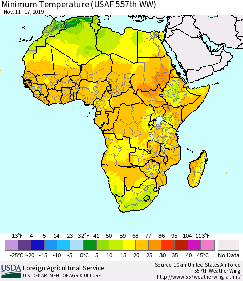 Africa Mean Minimum Temperature (USAF 557th WW) Thematic Map For 11/11/2019 - 11/17/2019
