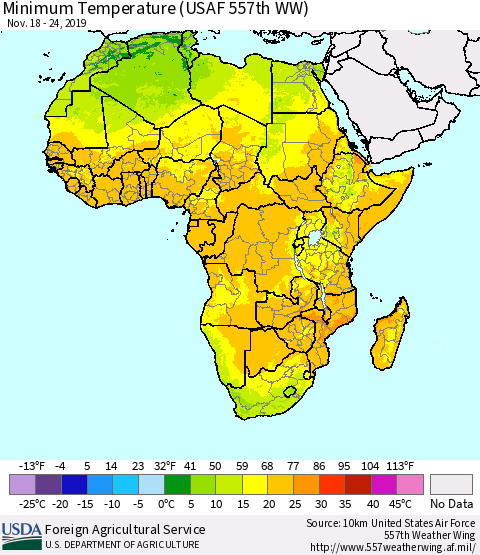Africa Mean Minimum Temperature (USAF 557th WW) Thematic Map For 11/18/2019 - 11/24/2019