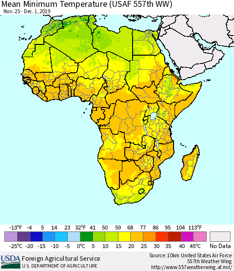 Africa Mean Minimum Temperature (USAF 557th WW) Thematic Map For 11/25/2019 - 12/1/2019