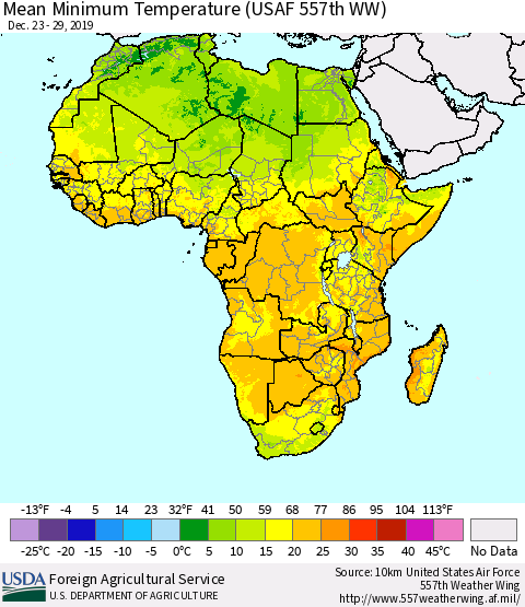 Africa Mean Minimum Temperature (USAF 557th WW) Thematic Map For 12/23/2019 - 12/29/2019