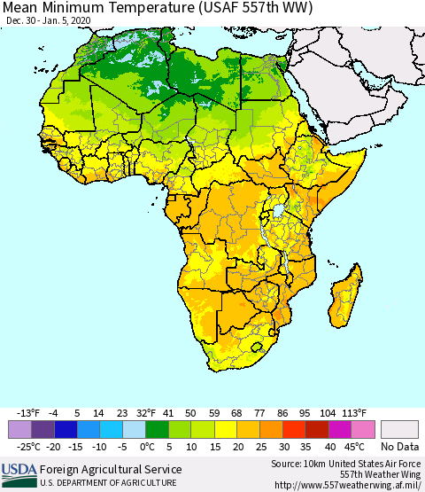 Africa Mean Minimum Temperature (USAF 557th WW) Thematic Map For 12/30/2019 - 1/5/2020