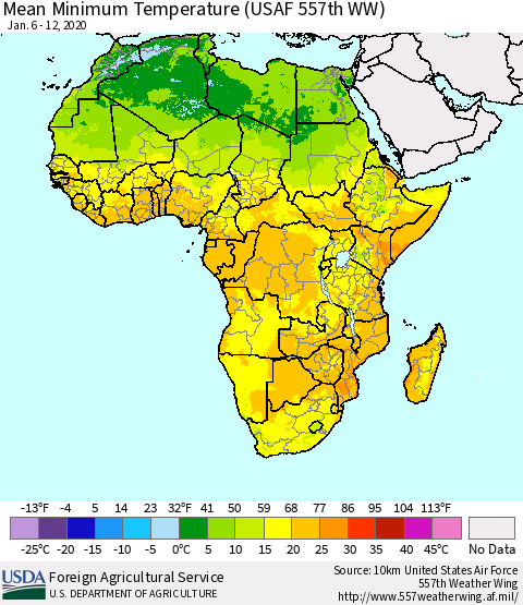 Africa Mean Minimum Temperature (USAF 557th WW) Thematic Map For 1/6/2020 - 1/12/2020