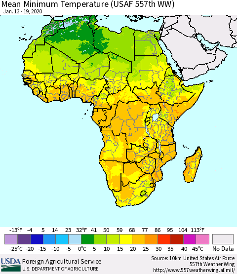 Africa Mean Minimum Temperature (USAF 557th WW) Thematic Map For 1/13/2020 - 1/19/2020