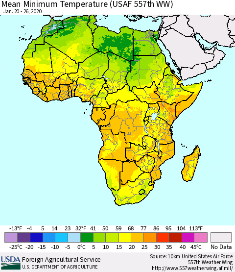 Africa Mean Minimum Temperature (USAF 557th WW) Thematic Map For 1/20/2020 - 1/26/2020