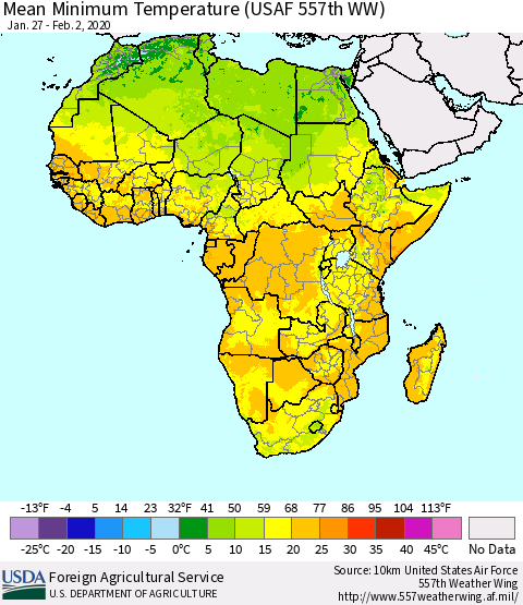 Africa Mean Minimum Temperature (USAF 557th WW) Thematic Map For 1/27/2020 - 2/2/2020