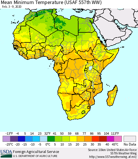 Africa Mean Minimum Temperature (USAF 557th WW) Thematic Map For 2/3/2020 - 2/9/2020
