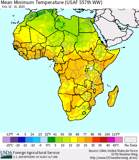 Africa Mean Minimum Temperature (USAF 557th WW) Thematic Map For 2/10/2020 - 2/16/2020
