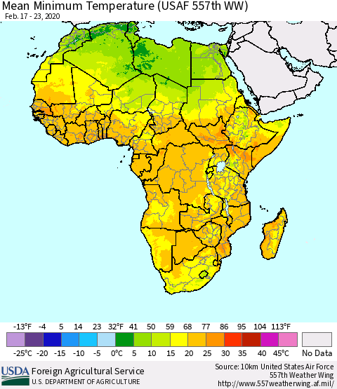 Africa Mean Minimum Temperature (USAF 557th WW) Thematic Map For 2/17/2020 - 2/23/2020