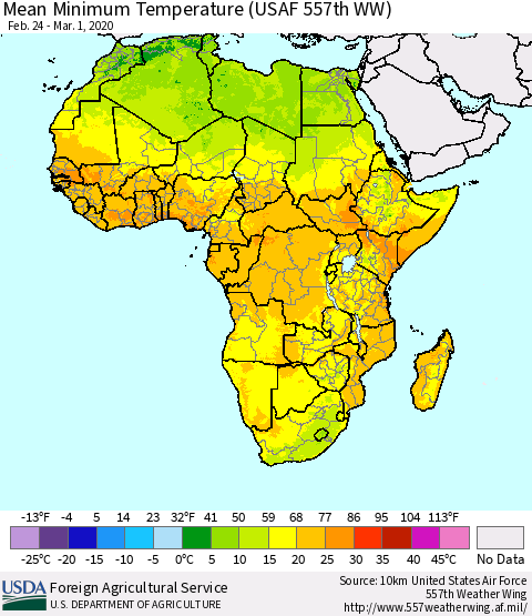 Africa Mean Minimum Temperature (USAF 557th WW) Thematic Map For 2/24/2020 - 3/1/2020