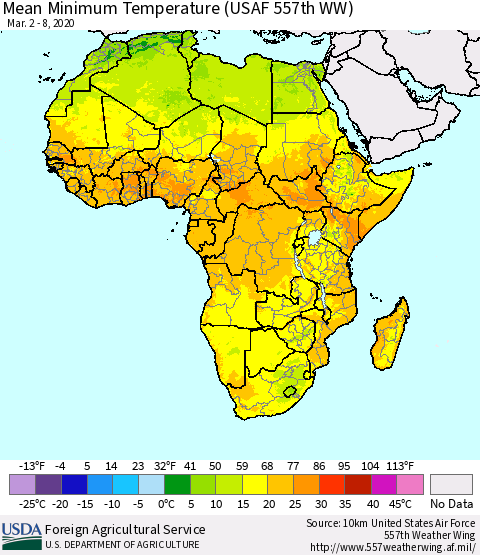 Africa Mean Minimum Temperature (USAF 557th WW) Thematic Map For 3/2/2020 - 3/8/2020
