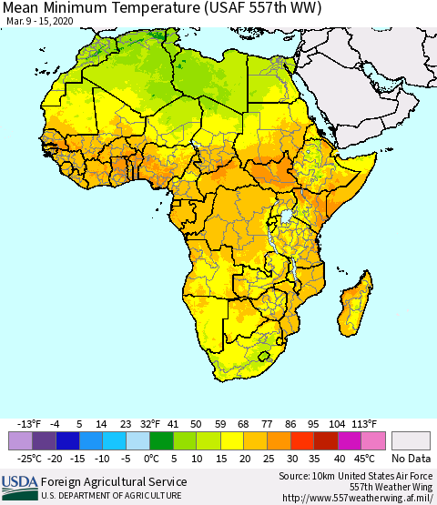 Africa Mean Minimum Temperature (USAF 557th WW) Thematic Map For 3/9/2020 - 3/15/2020