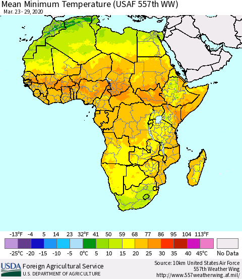 Africa Mean Minimum Temperature (USAF 557th WW) Thematic Map For 3/23/2020 - 3/29/2020