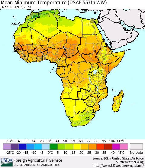 Africa Mean Minimum Temperature (USAF 557th WW) Thematic Map For 3/30/2020 - 4/5/2020