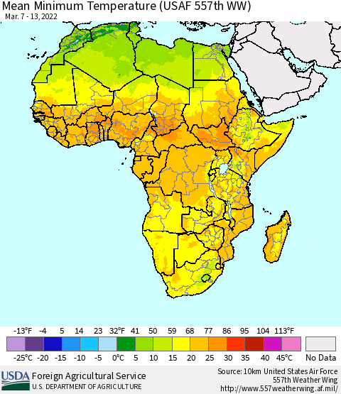 Africa Mean Minimum Temperature (USAF 557th WW) Thematic Map For 3/7/2022 - 3/13/2022