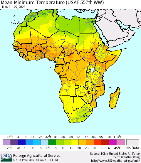 Africa Mean Minimum Temperature (USAF 557th WW) Thematic Map For 3/21/2022 - 3/27/2022