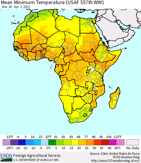 Africa Mean Minimum Temperature (USAF 557th WW) Thematic Map For 3/28/2022 - 4/3/2022