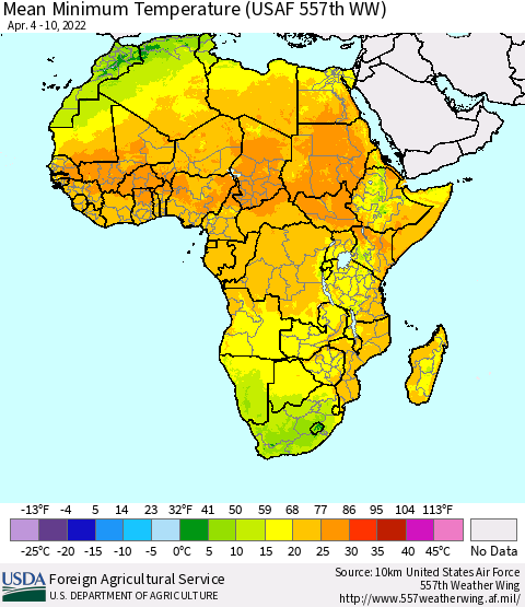 Africa Mean Minimum Temperature (USAF 557th WW) Thematic Map For 4/4/2022 - 4/10/2022