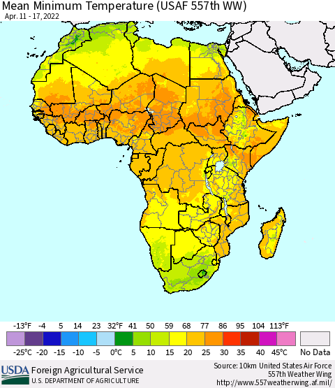 Africa Mean Minimum Temperature (USAF 557th WW) Thematic Map For 4/11/2022 - 4/17/2022