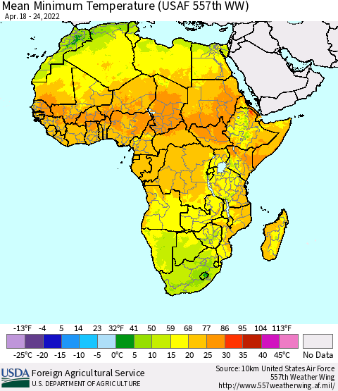 Africa Mean Minimum Temperature (USAF 557th WW) Thematic Map For 4/18/2022 - 4/24/2022