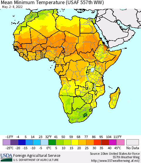 Africa Mean Minimum Temperature (USAF 557th WW) Thematic Map For 5/2/2022 - 5/8/2022