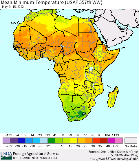 Africa Mean Minimum Temperature (USAF 557th WW) Thematic Map For 5/9/2022 - 5/15/2022