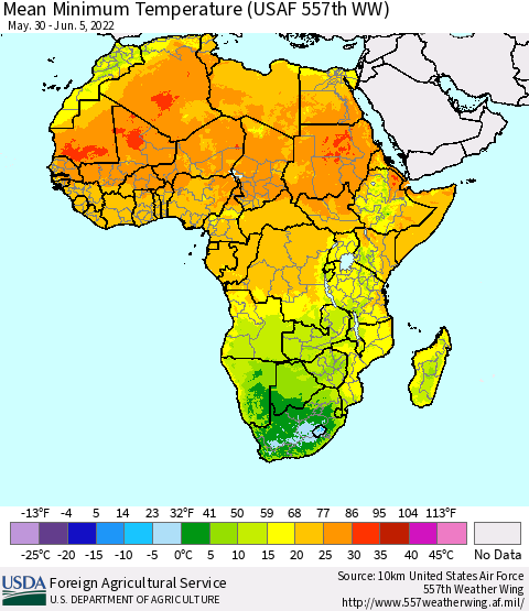 Africa Mean Minimum Temperature (USAF 557th WW) Thematic Map For 5/30/2022 - 6/5/2022
