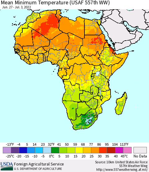 Africa Mean Minimum Temperature (USAF 557th WW) Thematic Map For 6/27/2022 - 7/3/2022