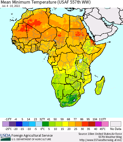 Africa Mean Minimum Temperature (USAF 557th WW) Thematic Map For 7/4/2022 - 7/10/2022