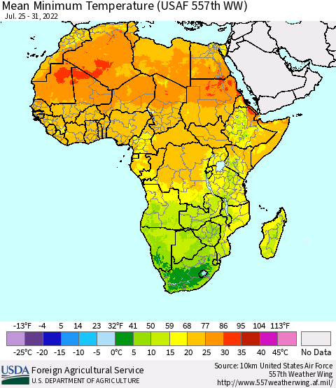 Africa Mean Minimum Temperature (USAF 557th WW) Thematic Map For 7/25/2022 - 7/31/2022