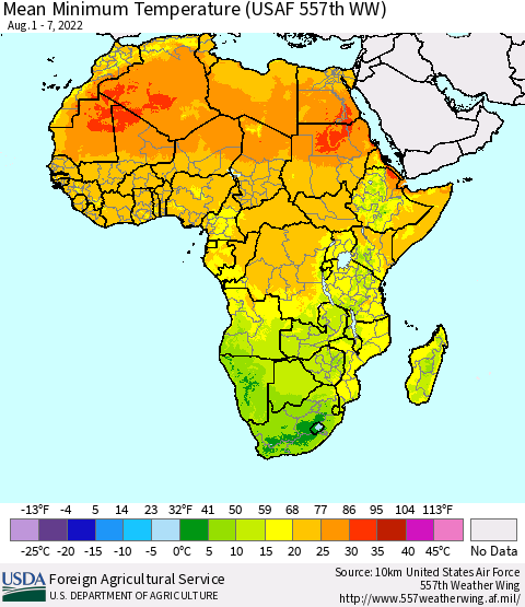 Africa Mean Minimum Temperature (USAF 557th WW) Thematic Map For 8/1/2022 - 8/7/2022
