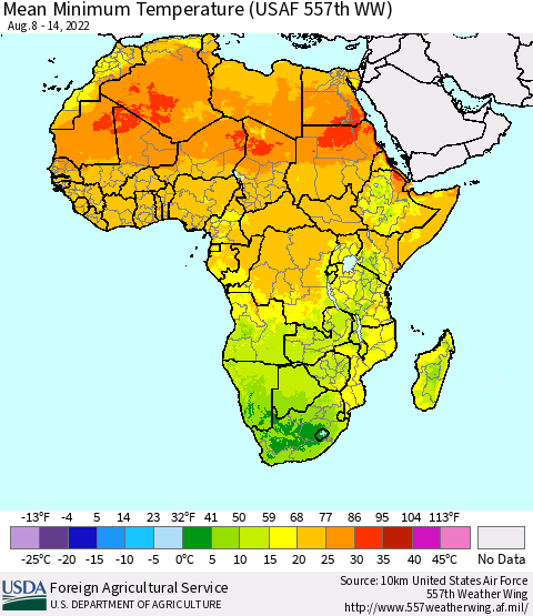 Africa Mean Minimum Temperature (USAF 557th WW) Thematic Map For 8/8/2022 - 8/14/2022
