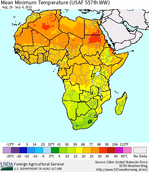 Africa Mean Minimum Temperature (USAF 557th WW) Thematic Map For 8/29/2022 - 9/4/2022