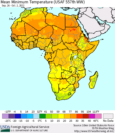 Africa Mean Minimum Temperature (USAF 557th WW) Thematic Map For 9/26/2022 - 10/2/2022