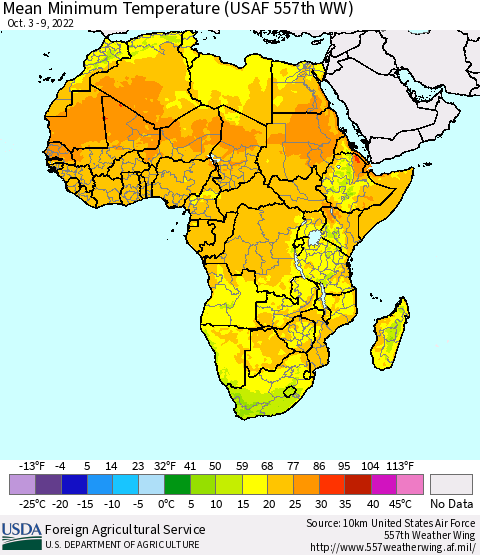 Africa Mean Minimum Temperature (USAF 557th WW) Thematic Map For 10/3/2022 - 10/9/2022