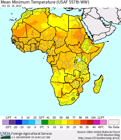 Africa Mean Minimum Temperature (USAF 557th WW) Thematic Map For 10/10/2022 - 10/16/2022