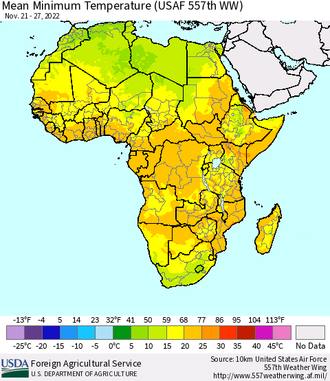 Africa Mean Minimum Temperature (USAF 557th WW) Thematic Map For 11/21/2022 - 11/27/2022