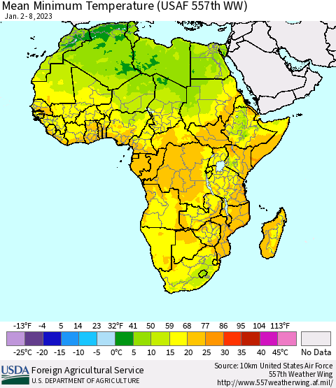 Africa Mean Minimum Temperature (USAF 557th WW) Thematic Map For 1/2/2023 - 1/8/2023