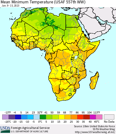 Africa Mean Minimum Temperature (USAF 557th WW) Thematic Map For 1/9/2023 - 1/15/2023