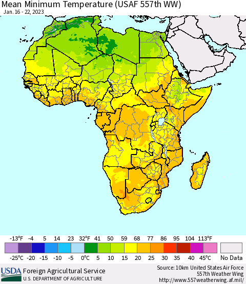 Africa Mean Minimum Temperature (USAF 557th WW) Thematic Map For 1/16/2023 - 1/22/2023