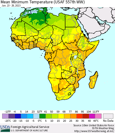 Africa Mean Minimum Temperature (USAF 557th WW) Thematic Map For 1/23/2023 - 1/29/2023