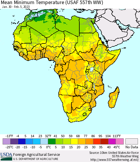 Africa Mean Minimum Temperature (USAF 557th WW) Thematic Map For 1/30/2023 - 2/5/2023