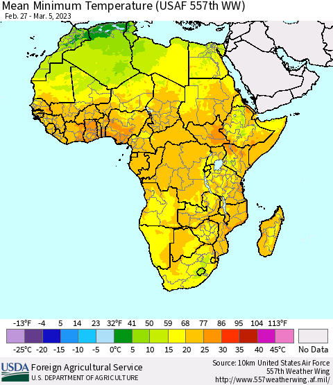 Africa Mean Minimum Temperature (USAF 557th WW) Thematic Map For 2/27/2023 - 3/5/2023