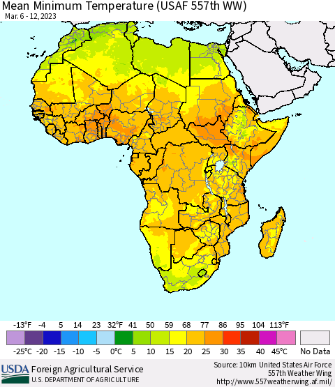 Africa Mean Minimum Temperature (USAF 557th WW) Thematic Map For 3/6/2023 - 3/12/2023