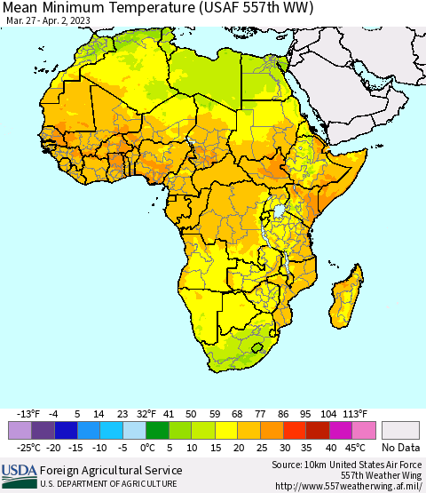 Africa Mean Minimum Temperature (USAF 557th WW) Thematic Map For 3/27/2023 - 4/2/2023