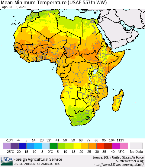 Africa Mean Minimum Temperature (USAF 557th WW) Thematic Map For 4/10/2023 - 4/16/2023