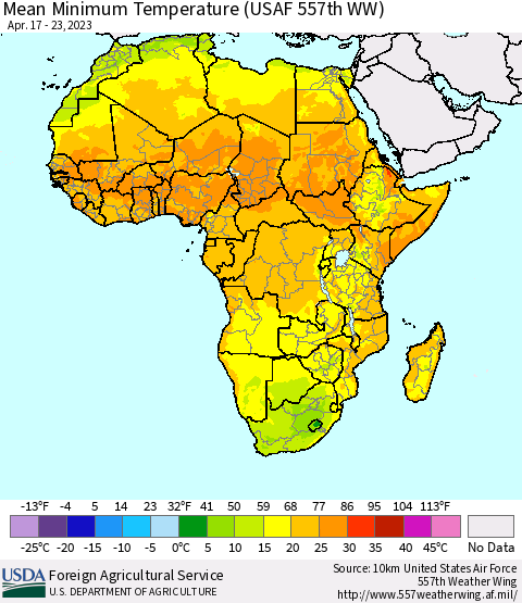 Africa Mean Minimum Temperature (USAF 557th WW) Thematic Map For 4/17/2023 - 4/23/2023