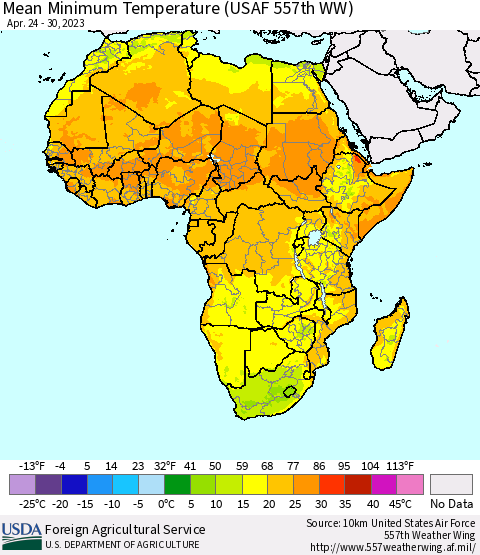 Africa Mean Minimum Temperature (USAF 557th WW) Thematic Map For 4/24/2023 - 4/30/2023