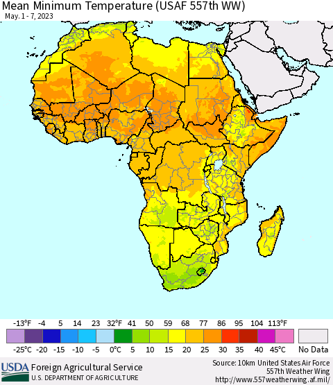 Africa Mean Minimum Temperature (USAF 557th WW) Thematic Map For 5/1/2023 - 5/7/2023